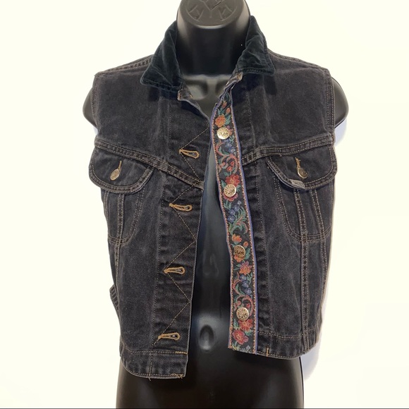 💔SOLD 🛑 LEE Vintage denim vest black velvet collar with floral button trim - Picture 2 of 9